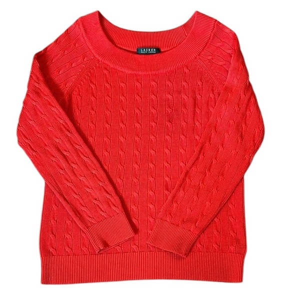 Lauren Ralph Lauren Wide Neck Cozy Red Cable Knit Sweater Silky Cotton Blend XL - Picture 1 of 14